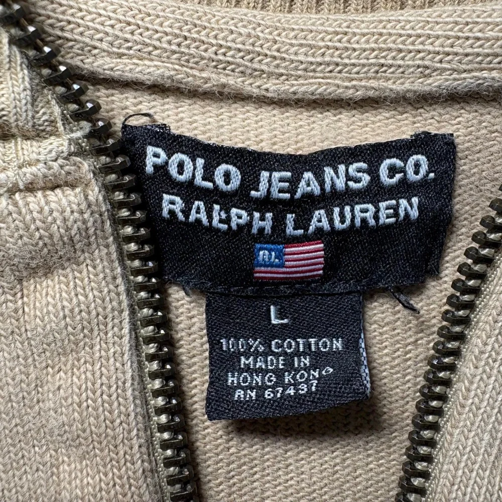 Vtg Polo Jeans Co Ralph Lauren Men L Quarter Zip Sweater Tan Utility 100% Cotton